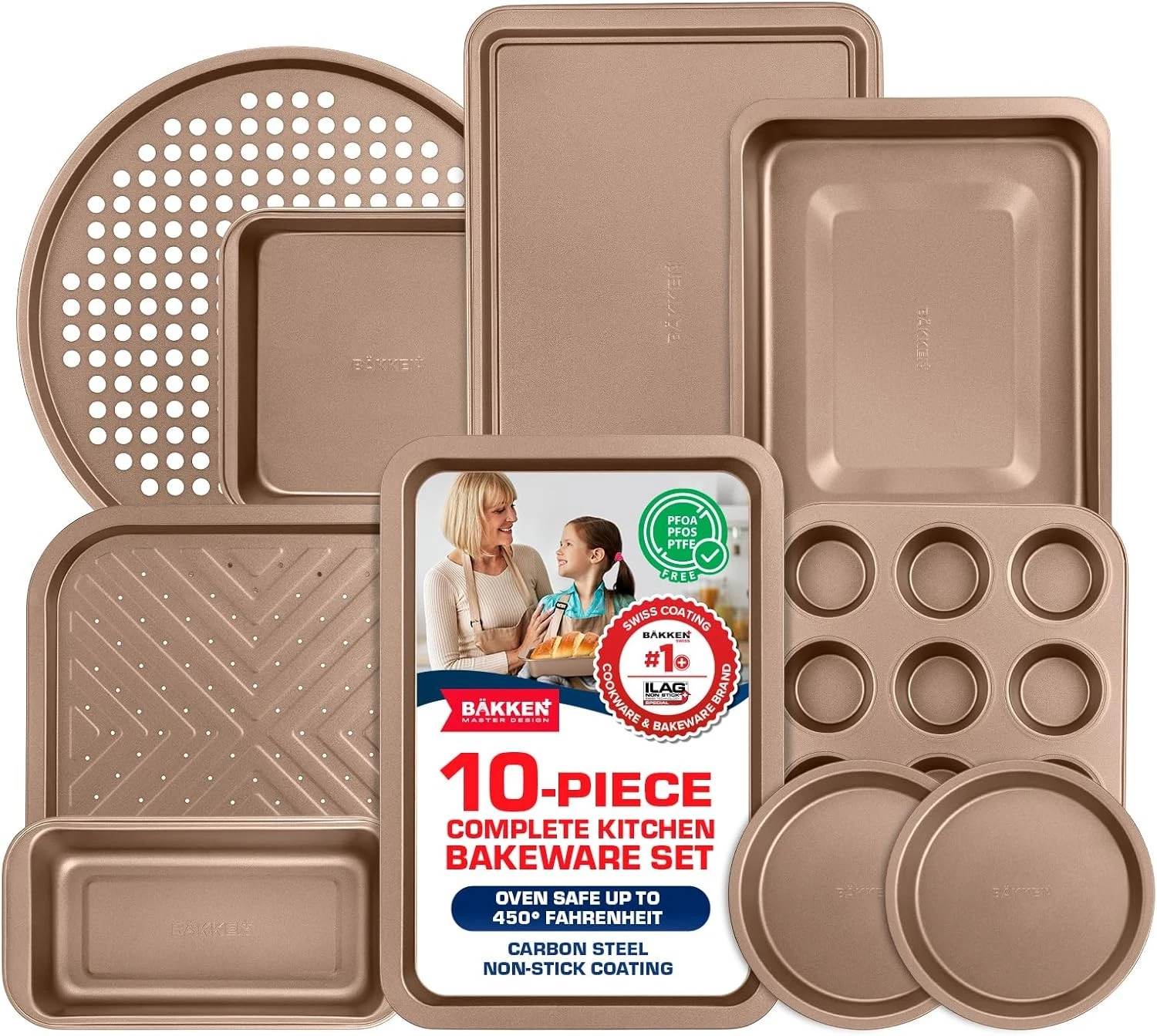 BAKKEN 10-Piece Kitchen Baking Pan Set - Commercial Grade 10 Piece Set, Brown