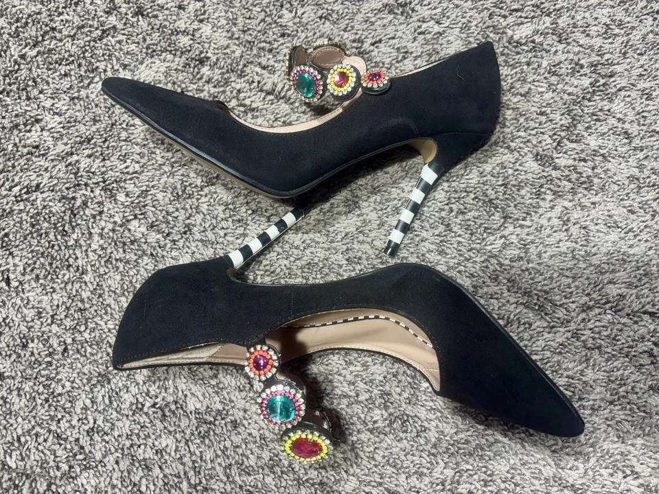Betsey Johnson Sz 10 Jodie Stiletto Heels Black Suede Gorgeous Jeweled Strap - Image 3 of 4
