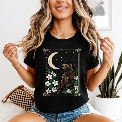 Himmelsbär Blumen Kunst Damen T-Shirt Mond Sterne Natur Geschenk für Sie