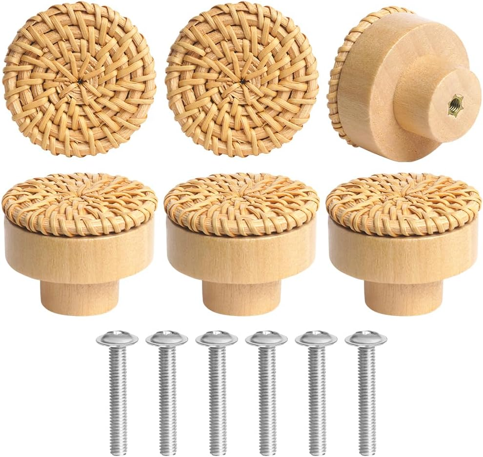 6 PCS Wooden Cabinet Knobs, round Boho Rattan Drawer Knobs, Vintage Drawer Handl