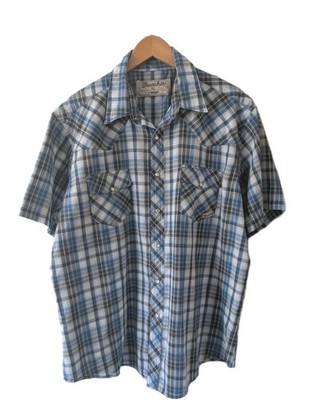 Wrancher Mens Shirt XL Blue Plaid Pearl Snap Front Pockets Short Sleeve Logo