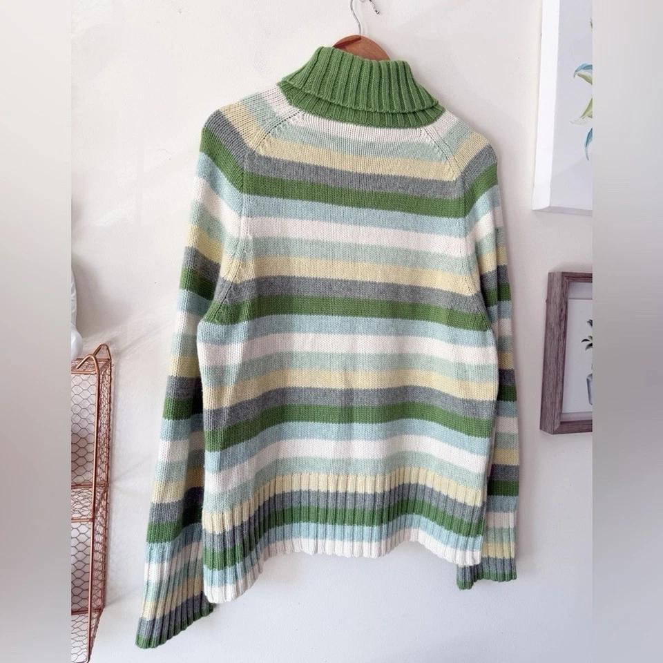 GAP 2003 Y2K Striped Turtleneck Sweater Green Cream Wool Blend Made Hong Kong - Image 2 of 4