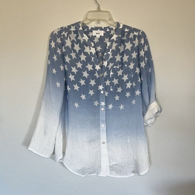 Small Fyve Women's Button Up Long Roll Tab Sleeves Blue White Stars Print Blouse