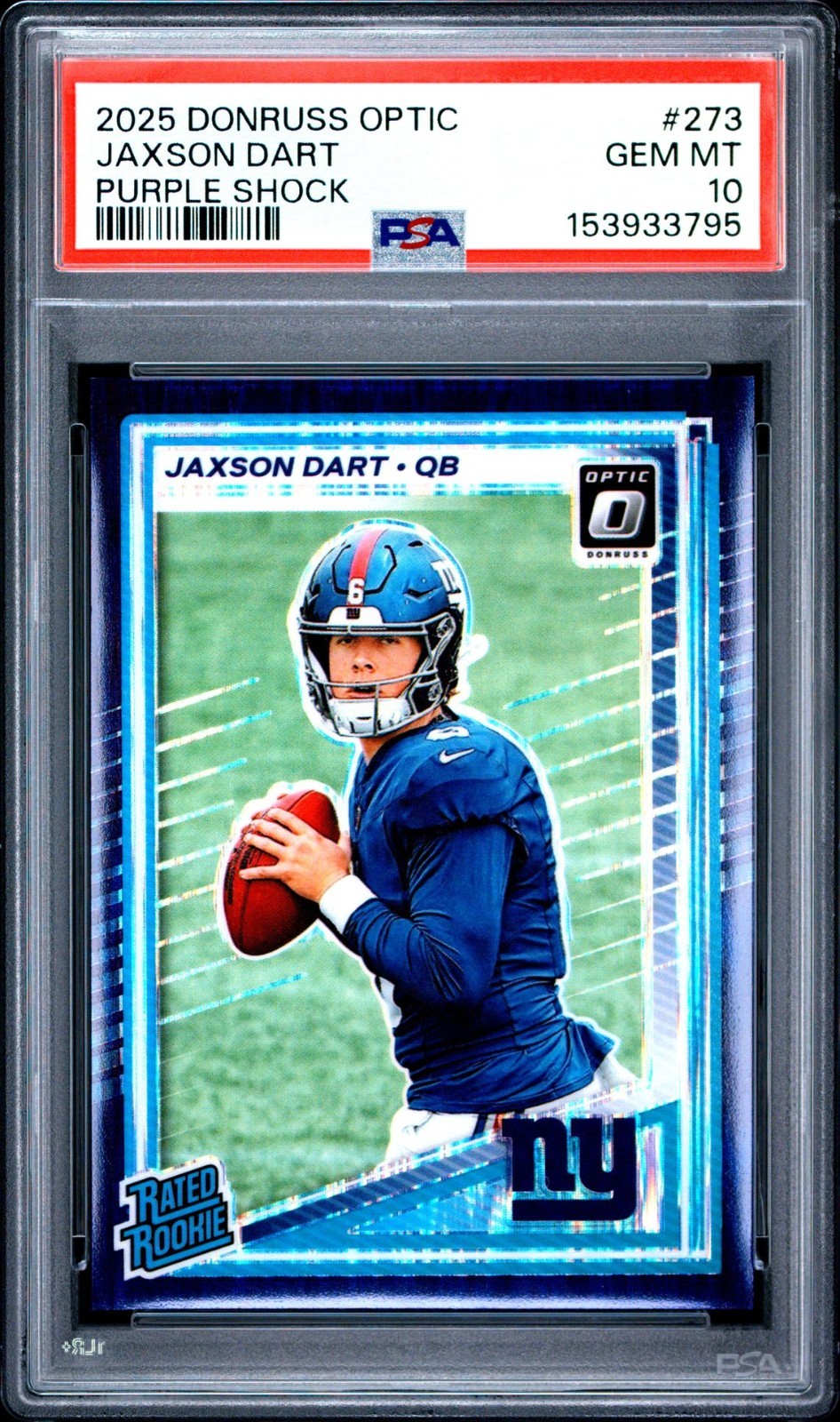 2025 Donruss Optic Jaxson Dart Rated Rookie Purple Shock Prizm PSA 10 Gem Mint