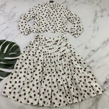 Nipon Boutique Womens Vintage 80s Skirt Top Set Size S White Brown Leaves Pleats