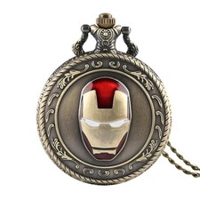 Bronze Iron Hero Boy Men Quartz Pocket Watch Sweater Necklace Chain Timepiece