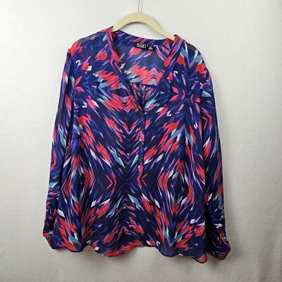 A New Approach Top Woman s Size 2X Blue Red Long Sleeve Button Up Blouse Sheer
