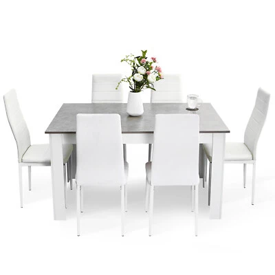 Mondeer 7PCS Dining Set Grey Table 6 White HIGH BACK Faux Leather Chairs Kitchen