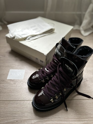 KENZO Women Alaska Patent Leather Shearling Platform Booties 39 Burgundy NEW - Picture 3 of 16