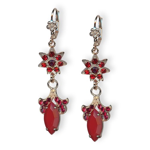 Mariana Earrings Lady In Red Coll. Dangling Siam & Red Coral Austrian Crystals - Picture 2 of 3