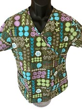 SB Scrubs Women's Small Scrub Top Gray Multicolor Flowers Words Hearts V-Neck