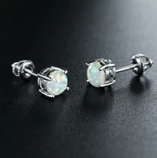 Women925 Sterling Silver Fire Opal Round Screw Back Stud Earrings 6mm Gift PE19
