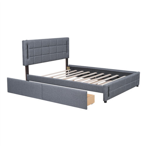 Queen Size Bed Frame Upholstered Platform Bed w/ Pull Out Trundle and 2 Drawers - Picture 42 of 48