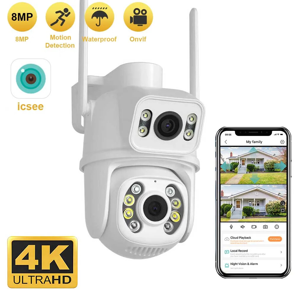 8MP 4K PTZ Wifi Camera Dual Lens with Dual Screen Human Detect Auto Tracking New