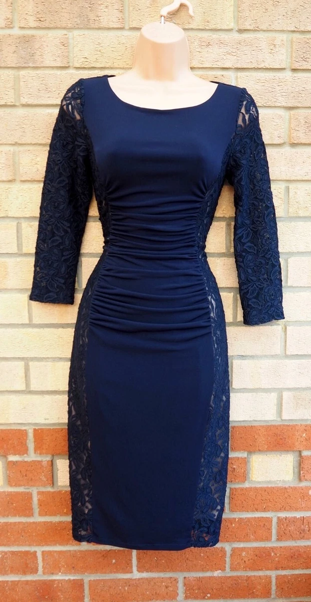 Long sleeve navy blue lace dress cheap