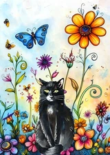 ACEO Cat Artist Trading Card ATC 2.5x3.5 Cat Named Jack Whimsical Flower Field