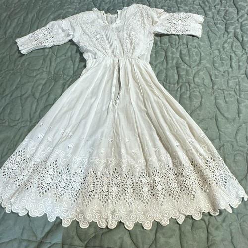 XS Antique Victorian Petticoat Underdress Slip Edwardian Lace White Short Sleeve - Picture 12 of 17