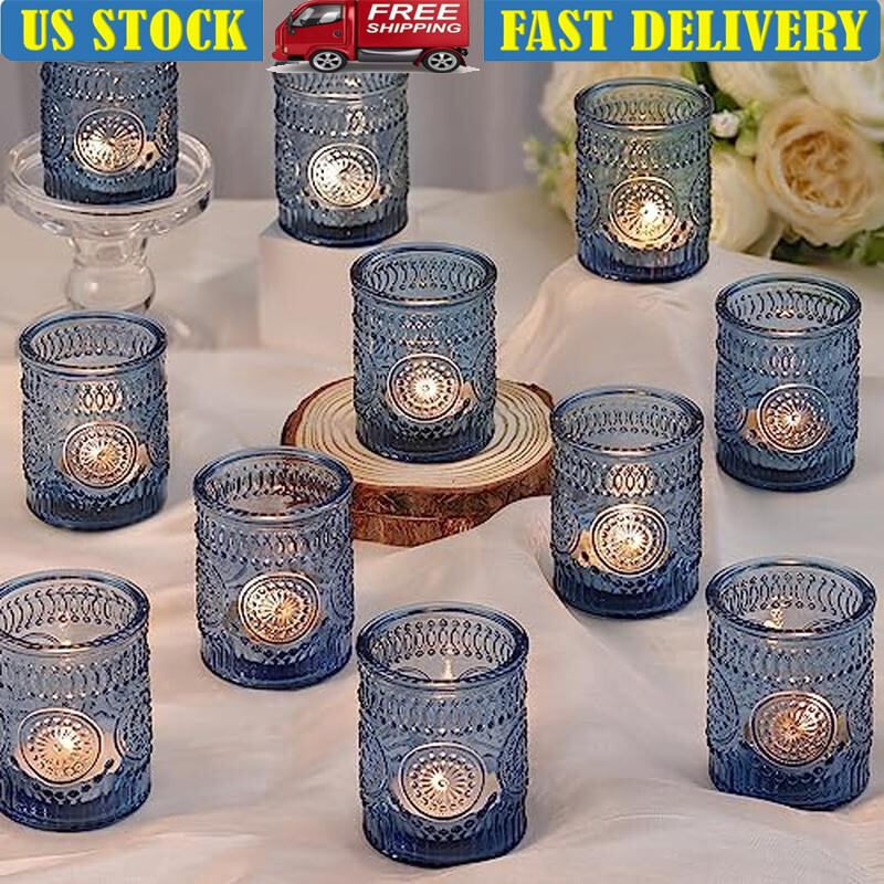 Set of 36 Blue Glass Votive Candle Holders for Wedding Decor Tea Lights