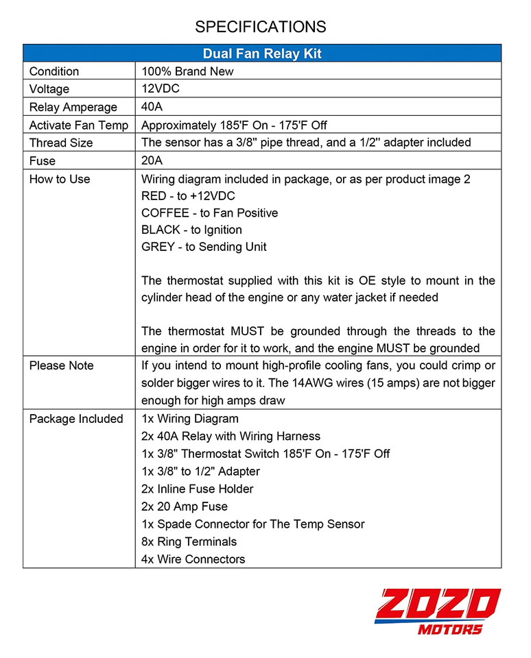 Dual Electric Fan Relay Kit Radiator Electric Fan Thermostat Kit