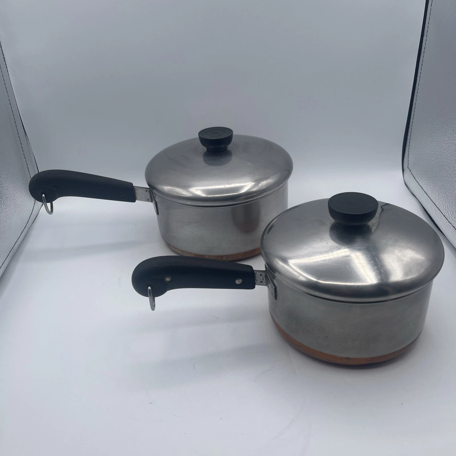 VTG. 1801 Revere Ware 2 Qt & 1Qt Copper Bottom Saucepan Pots W/ Lids Clinton USA