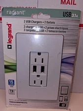 New - Legrand Radiant TM826USBWPWCCV4 USB Charger + 2 Outlets 15A - White