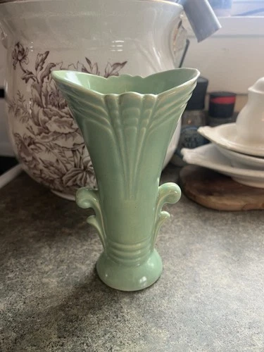Vintage matte green Brush Pottery vase with a scalloped top & leaf-style handles