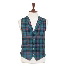 Mens Vest 44R Tartan Plaid Green Blue Orange Wool Lapel Waistcoat Formal Wedding