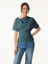 Women's Asymmetrical Cowl Neck Ruched Long Sleeve Top, Deep Water