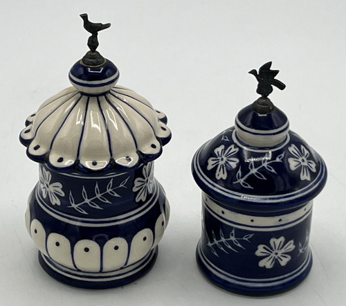 Peruvian Folk Art Pottery Ceramic Spice Set with lids Metal Birds Blue White
