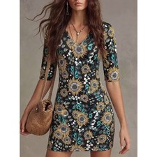 Unbranded Sunflower Print V Neck 3/4 Sleeve Bodycon Dress Women XL Poly
