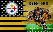 (2) Pittsburgh Steelers Mascot US Flag Design Vinyl STICKER 5.75x3.5 Decals