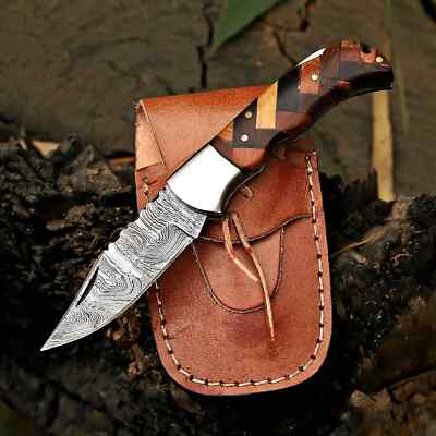 Pak Damascus Handmade Folding / Pocket Damascus Steel Knife With Leather Sheath