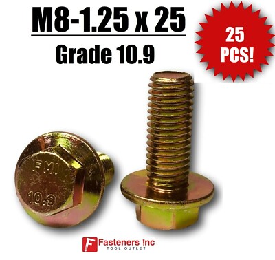 (QTY 25) M8-1.25 x 25 MM Metric Hex Flange Bolts Grade 10.9 Screws Zinc Yellow