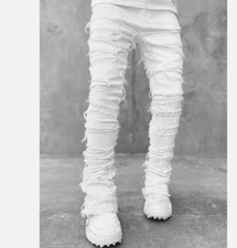 XL Men Stacked Jeans Ripped Slim Fit Jeans Destroyed Straight Skinny Denim Pants