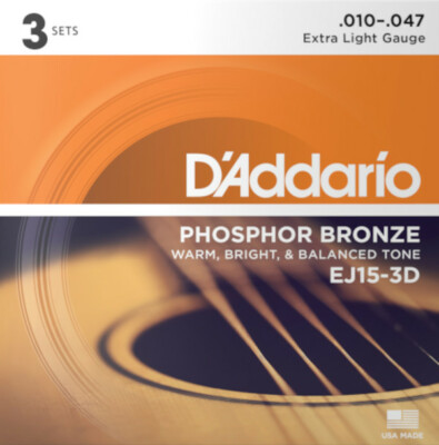 D'Addario EJ15-3D Phosphor Bronze - extra light  (010-047) - 3-er Pack