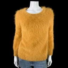 80% Angora Fuzzy Vintage Gold Long-Sleeve Pullover Sweater 32 in bust