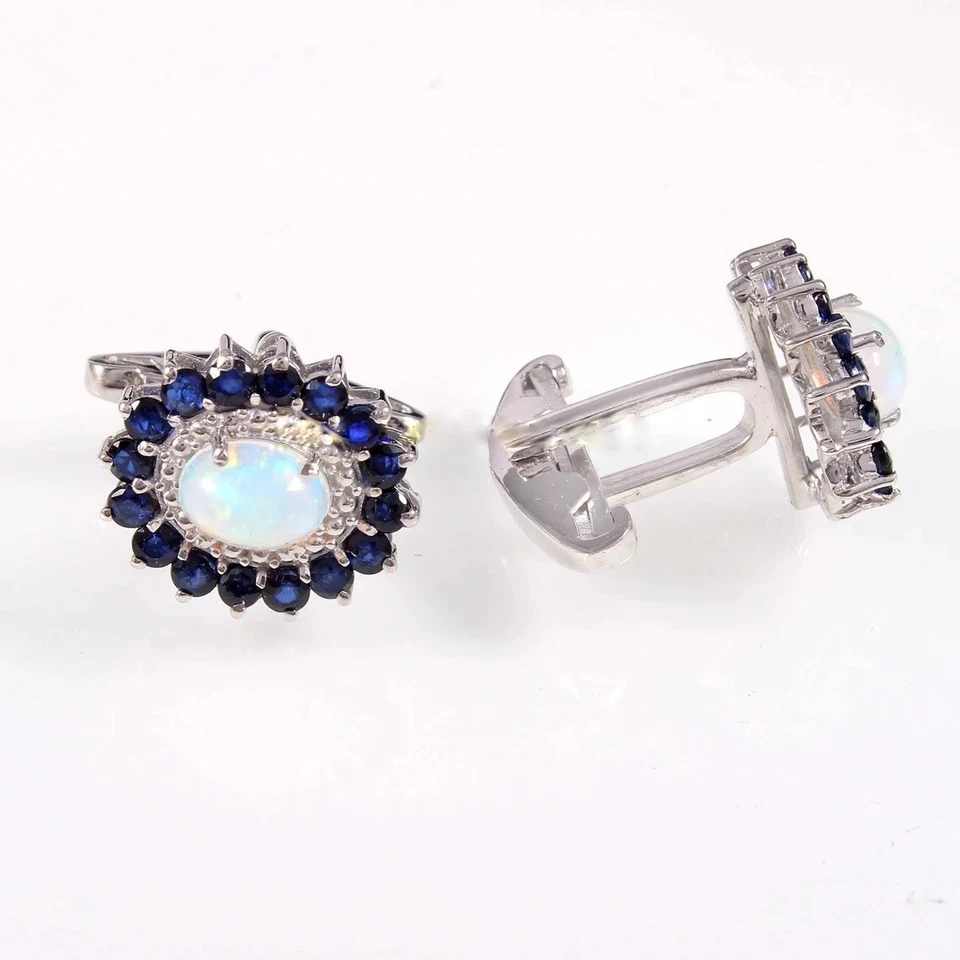 Gemelos para hombre estilo flor halo 5,02 TCW ópalo ovalado y zafiro azul boda novio Foto 2 de 4