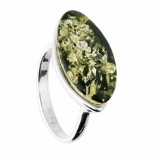 Silver plain ellipse green amber ring, size R