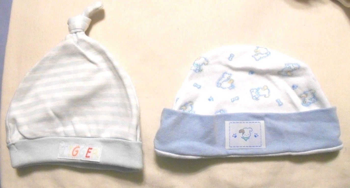 Vintage Infant Baby 2 Blue Print Stripes Soft Warm Caps Beanie Hat Sz Newborn