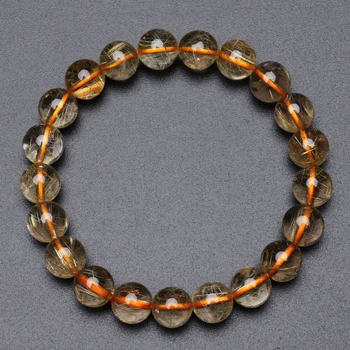 9.3mm Natural Gold Titanium Rutilated Quartz Crystal Beads Bracelet GRA025 - Picture 2 of 4