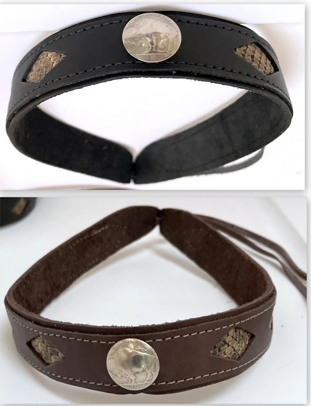 Leather Hat Band w Diamond Snake Cutouts & Reverse Nickel (Buffalo) Concho USA