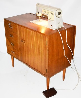 60s Singer 449 Sewing Machine In Danish Style Teak Sideboard