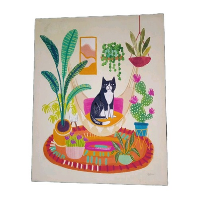 #ad Mary Urban Cat On A Chair Painting 14quot;x11quot; Wallart Hanging Canvas Wrap Wood $45.00