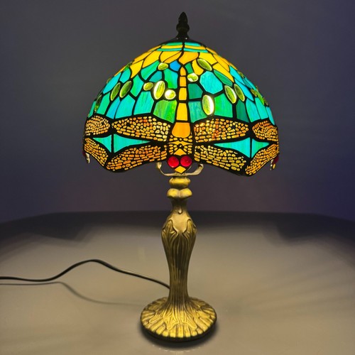 Green Dragonfly Tiffany Table Lamp Style Multicolor Stained Glass 10 inch Shade - Picture 4 of 13