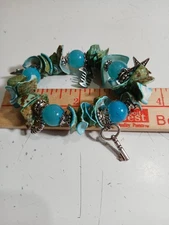 Artisan Turquoise Blue Mixed Beads Shells Charms Stretch Boho Sealife  Bracelet