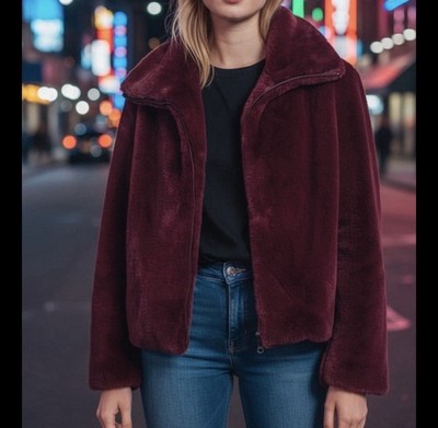 French Connection Small Faux Fur Jacket Full Zip Purple Wine Buona $168