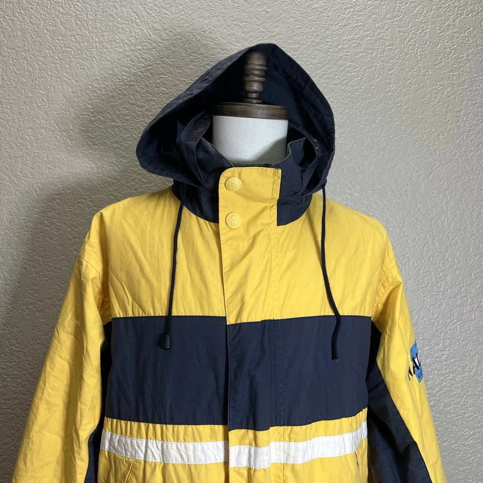 Nautica Jacket Adult Yellow Navy Green Reversible Hidden Hood Snap Zip XL - Image 2 of 4