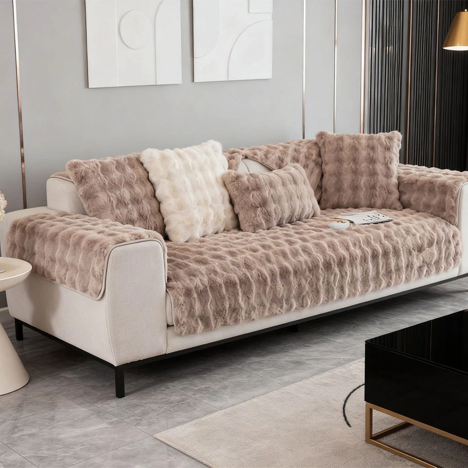 Faux Fur Rabbit Plush Knitted Sofa Cover, Soft Winter Warm Couch Cover for Home - Image 2 of 4