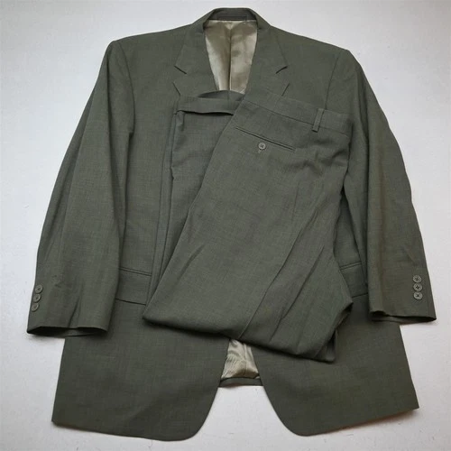 Vtg USA Made Y2K 2000s 42R 36x29 Green 100% Wool Mens Jacket Pants Suit