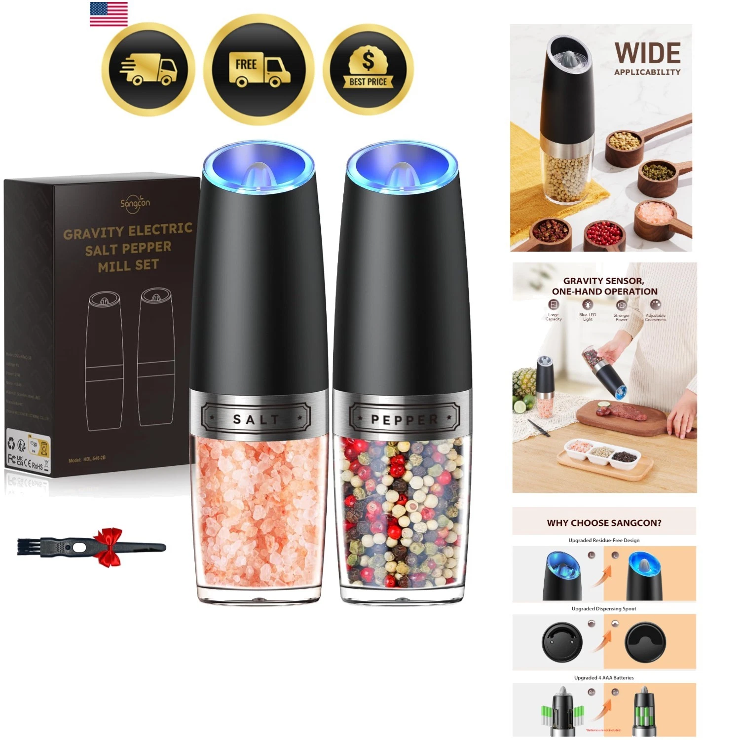 Gravity Electric Salt and Pepper Grinder Set Automatic Shakers Mill Grinder w...